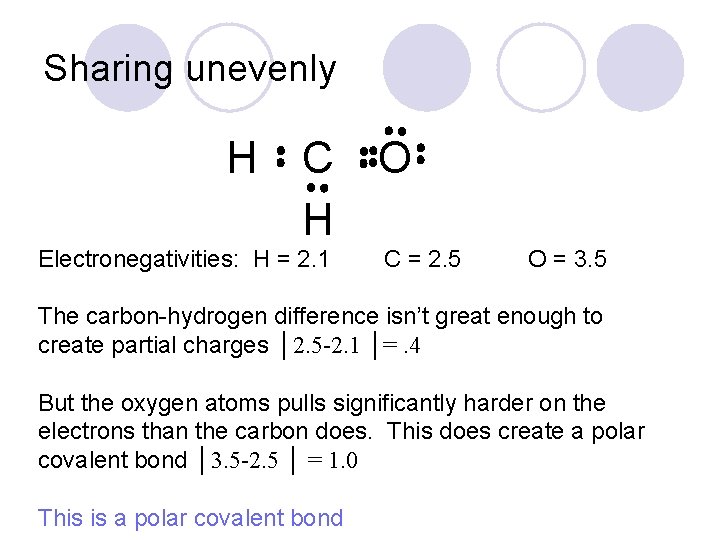 Sharing unevenly H C H Electronegativities: H = 2. 1 O C = 2.