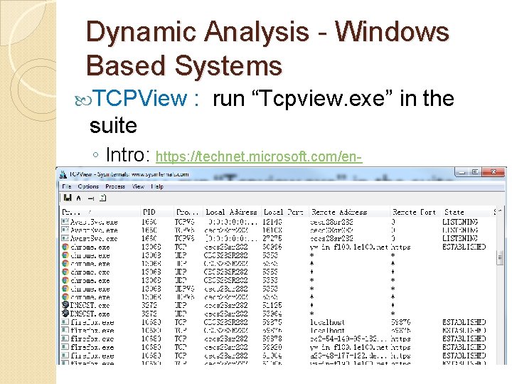 Dynamic Analysis - Windows Based Systems TCPView : run “Tcpview. exe” in the suite