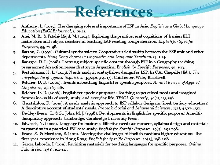 References 1. Anthony, L. (2015). The changing role and importance of ESP in Asia.