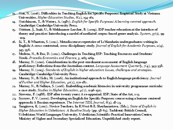 13. Hoa, N. (2016). Difficulties in Teaching English for Specific Purposes: Empirical Study at