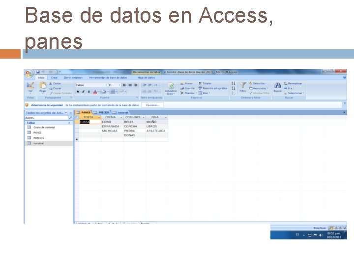 Base de datos en Access, panes 