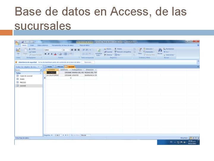 Base de datos en Access, de las sucursales 