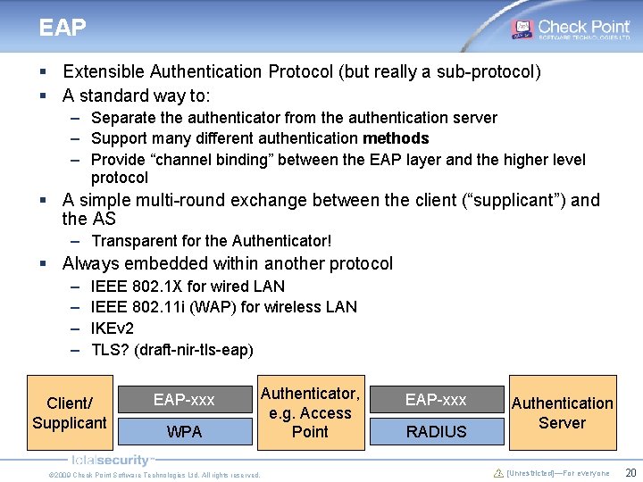 EAP § Extensible Authentication Protocol (but really a sub-protocol) § A standard way to: