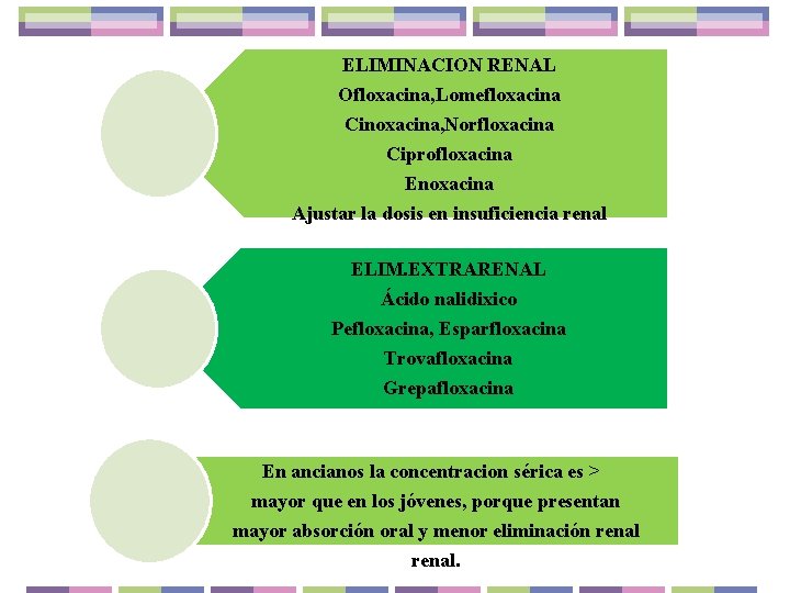 ELIMINACION RENAL Ofloxacina, Lomefloxacina Cinoxacina, Norfloxacina Ciprofloxacina Enoxacina Ajustar la dosis en insuficiencia renal