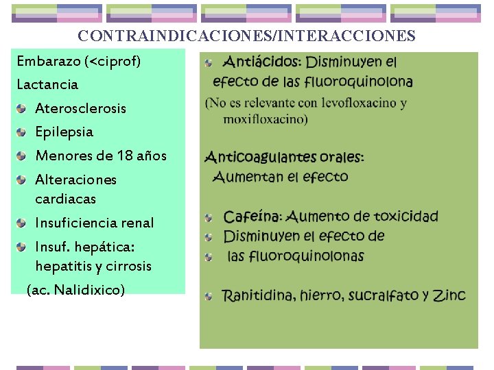 CONTRAINDICACIONES/INTERACCIONES Embarazo (<ciprof) Lactancia Aterosclerosis Epilepsia Menores de 18 años Alteraciones cardiacas Insuficiencia renal