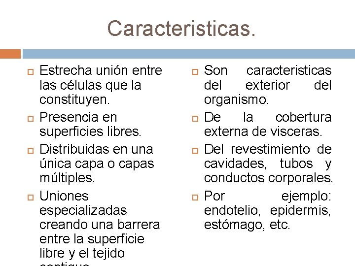 Caracteristicas. Estrecha unión entre las células que la constituyen. Presencia en superficies libres. Distribuidas