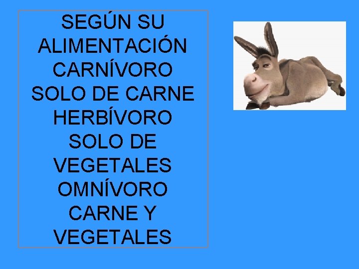 SEGÚN SU ALIMENTACIÓN CARNÍVORO SOLO DE CARNE HERBÍVORO SOLO DE VEGETALES OMNÍVORO CARNE Y