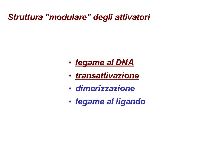 Struttura "modulare" degli attivatori • legame al DNA • transattivazione • dimerizzazione • legame