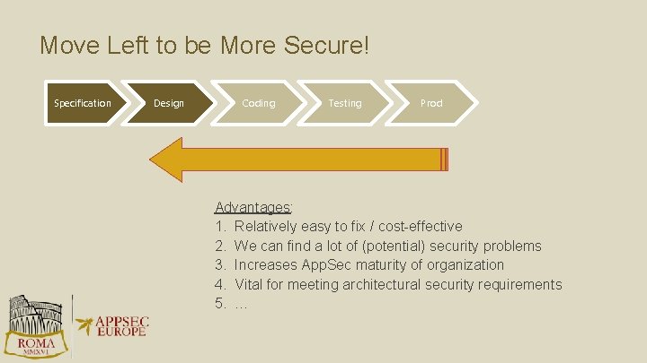 Move Left to be More Secure! Specification Design Coding Testing Prod Advantages: 1. Relatively