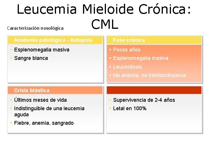 Leucemia Mieloide Crónica: CML Caracterización nosológica Anatomía patológica - Autopsia Fase crónica § Esplenomegalia