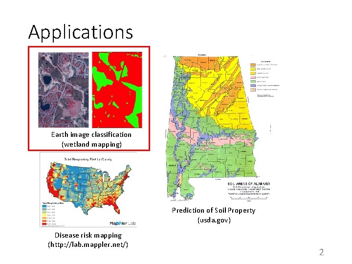 Applications Earth image classification (wetland mapping) Prediction of Soil Property (usda. gov) Disease risk