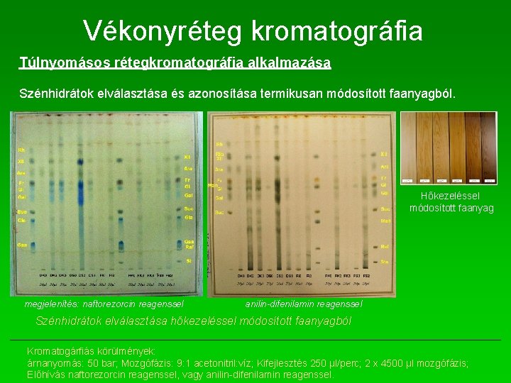 Vékonyréteg kromatográfia Túlnyomásos rétegkromatográfia alkalmazása Szénhidrátok elválasztása és azonosítása termikusan módosított faanyagból. Hőkezeléssel módosított