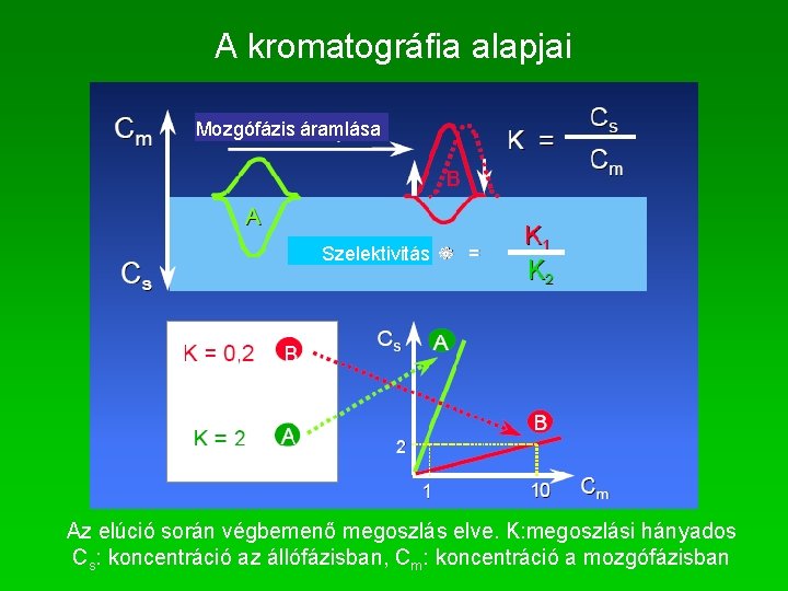 A kromatográfia alapjai Mozgófázis áramlása Szelektivitás Az elúció során végbemenő megoszlás elve. K: megoszlási