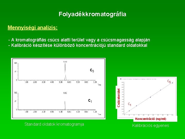 Folyadékkromatográfia Mennyiségi analizis: - A kromatográfiás csúcs alatti terület vagy a csúcsmagasság alapján -