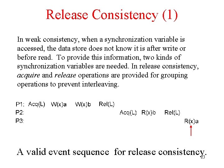 Release Consistency (1) In weak consistency, when a synchronization variable is accessed, the data