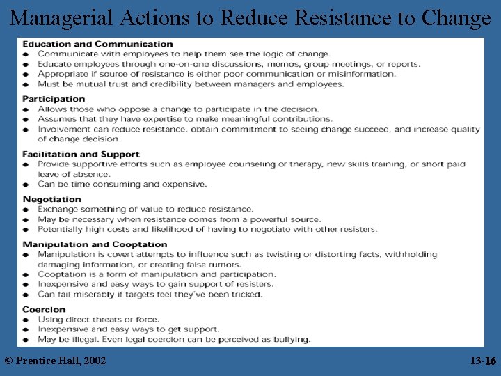 Managerial Actions to Reduce Resistance to Change © Prentice Hall, 2002 13 -16 16