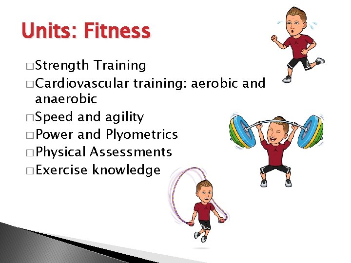 Units: Fitness � Strength Training � Cardiovascular training: aerobic and anaerobic � Speed and