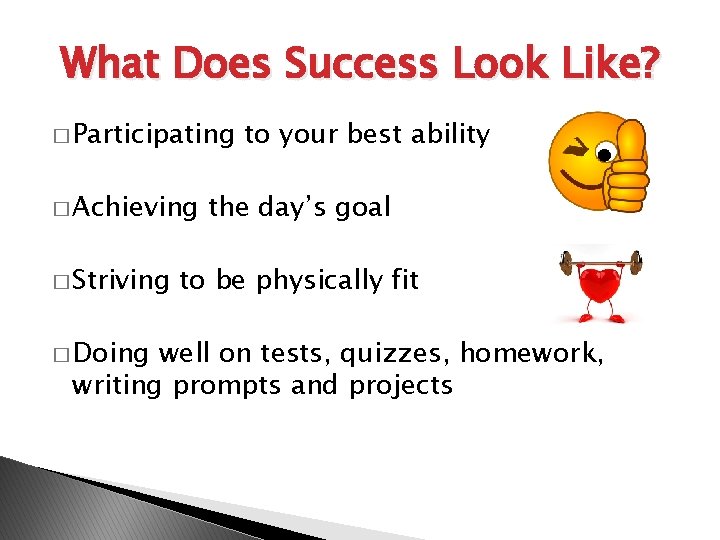 What Does Success Look Like? � Participating � Achieving � Striving � Doing to