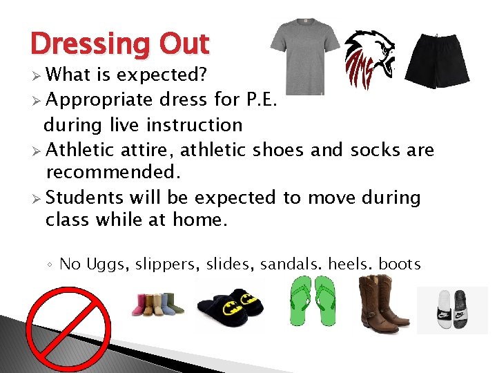 Dressing Out What is expected? Appropriate dress for P. E. during live instruction Athletic