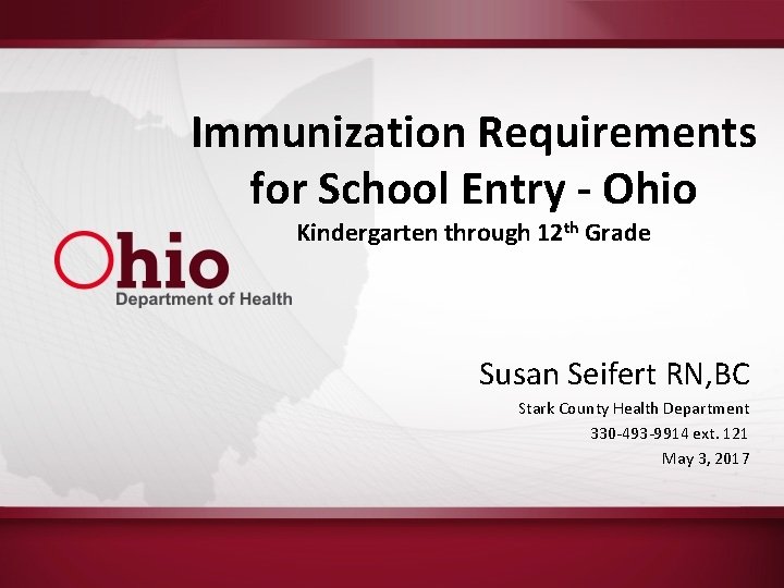 Immunization Requirements for School Entry - Ohio Kindergarten through 12 th Grade Susan Seifert