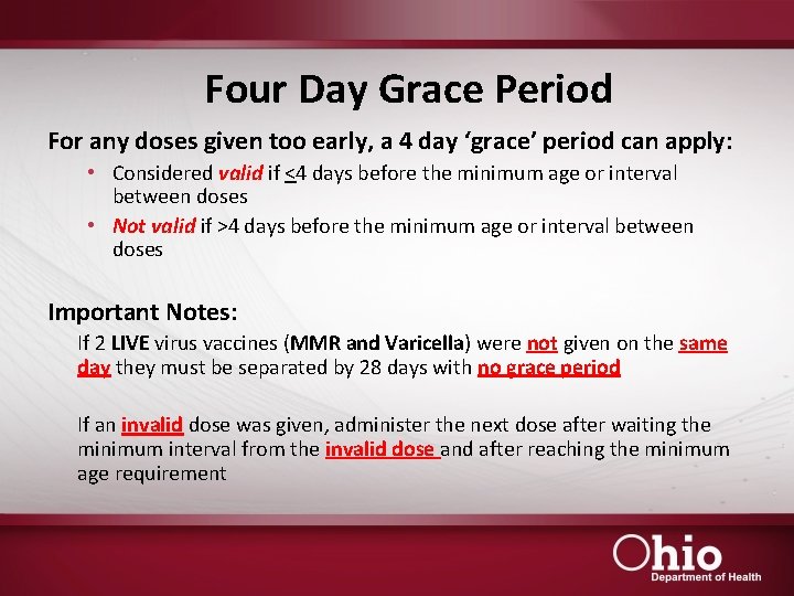 Four Day Grace Period For any doses given too early, a 4 day ‘grace’