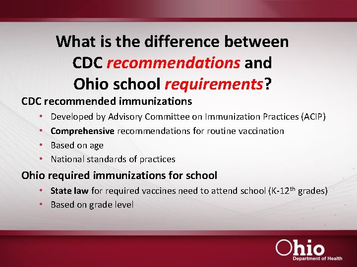 What is the difference between CDC recommendations and Ohio school requirements? CDC recommended immunizations