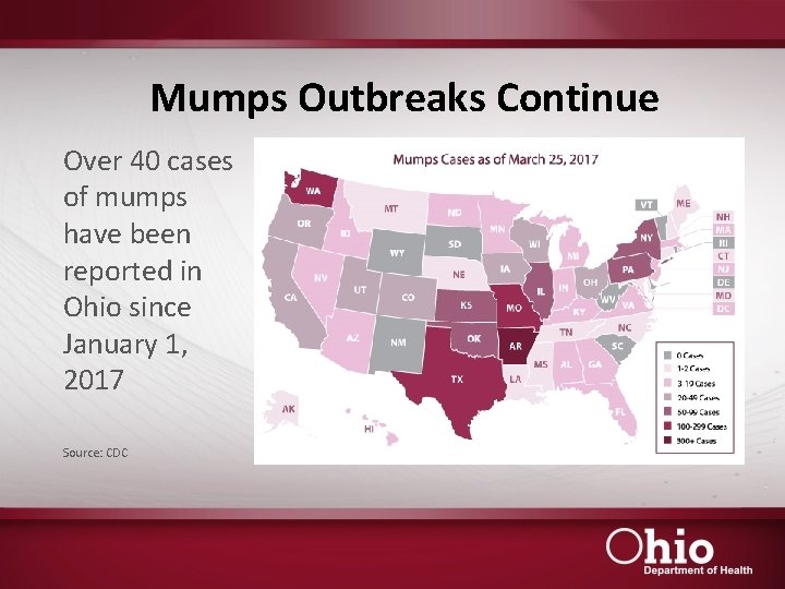 Mumps Outbreaks Continue Over 40 cases of mumps have been reported in Ohio since