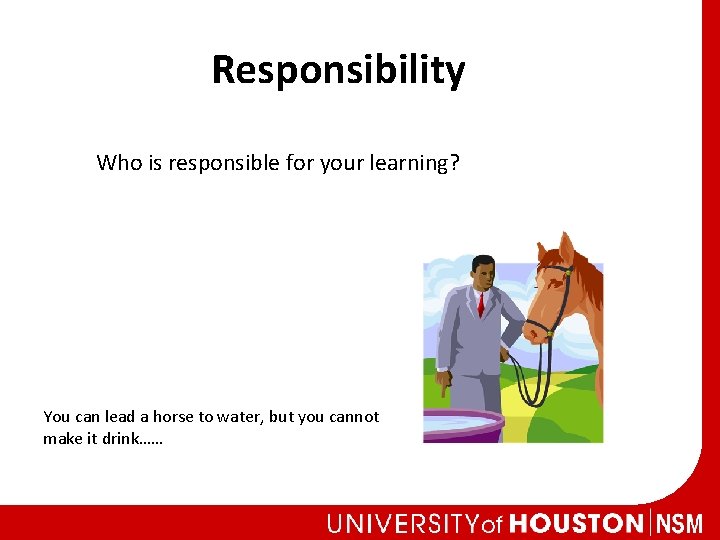 Responsibility Who is responsible for your learning? You can lead a horse to water,