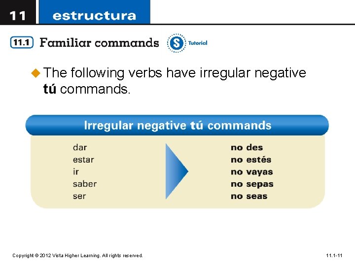 u The following verbs have irregular negative tú commands. Copyright © 2012 Vista Higher