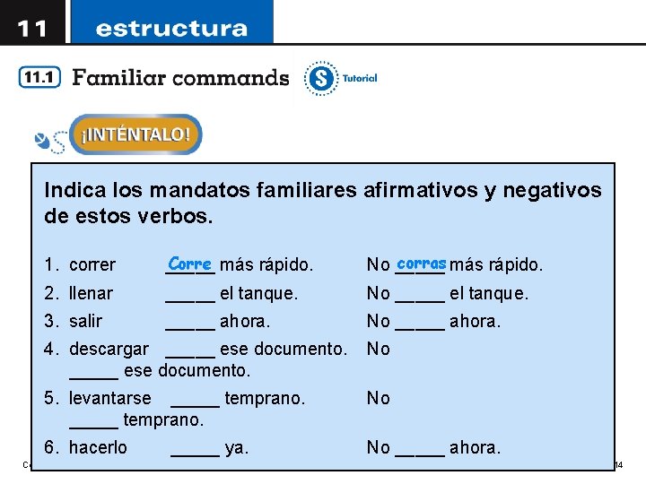 Indica los mandatos familiares afirmativos y negativos de estos verbos. 1. correr Corre más