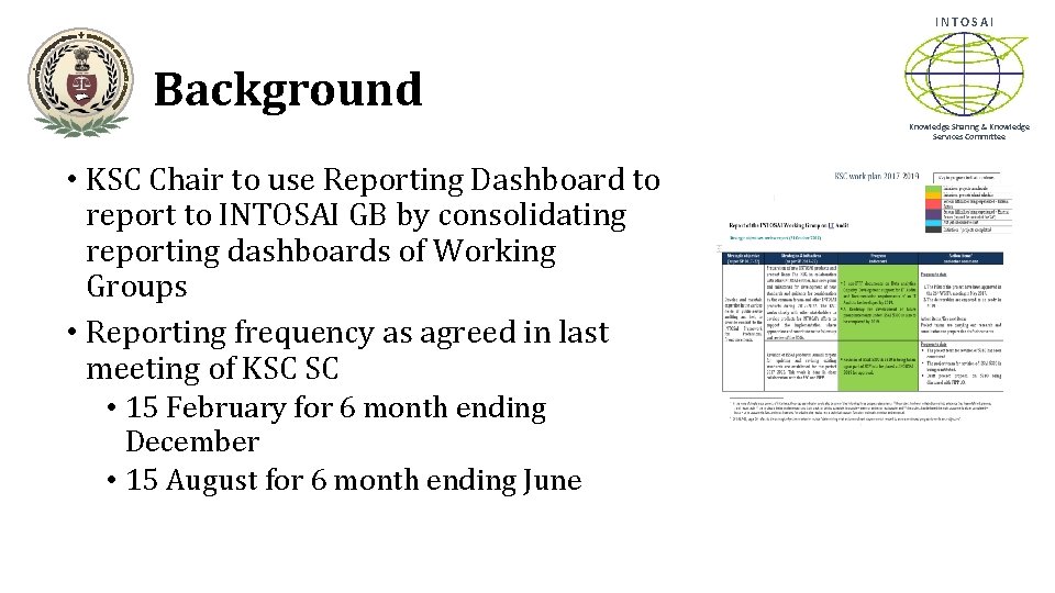 INTOSAI Background Knowledge Sharing & Knowledge Services Committee • KSC Chair to use Reporting