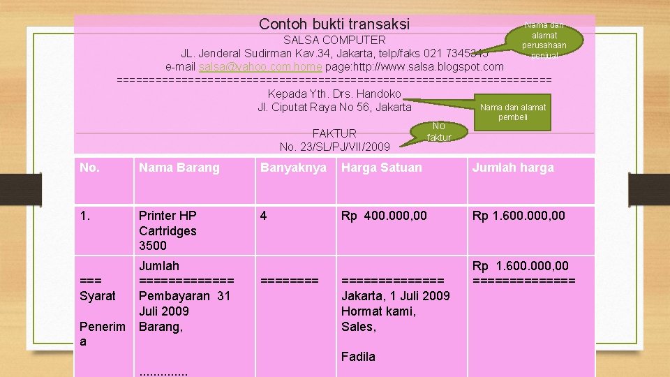 Contoh bukti transaksi Nama dan alamat perusahaan penjual SALSA COMPUTER JL. Jenderal Sudirman Kav.