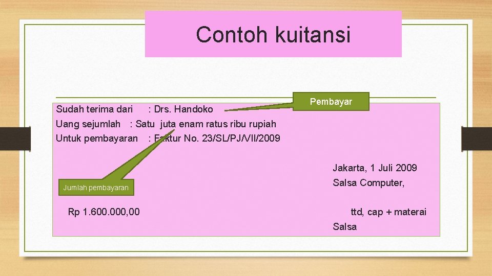 Contoh kuitansi Sudah terima dari : Drs. Handoko Pembayar Uang sejumlah : Satu juta