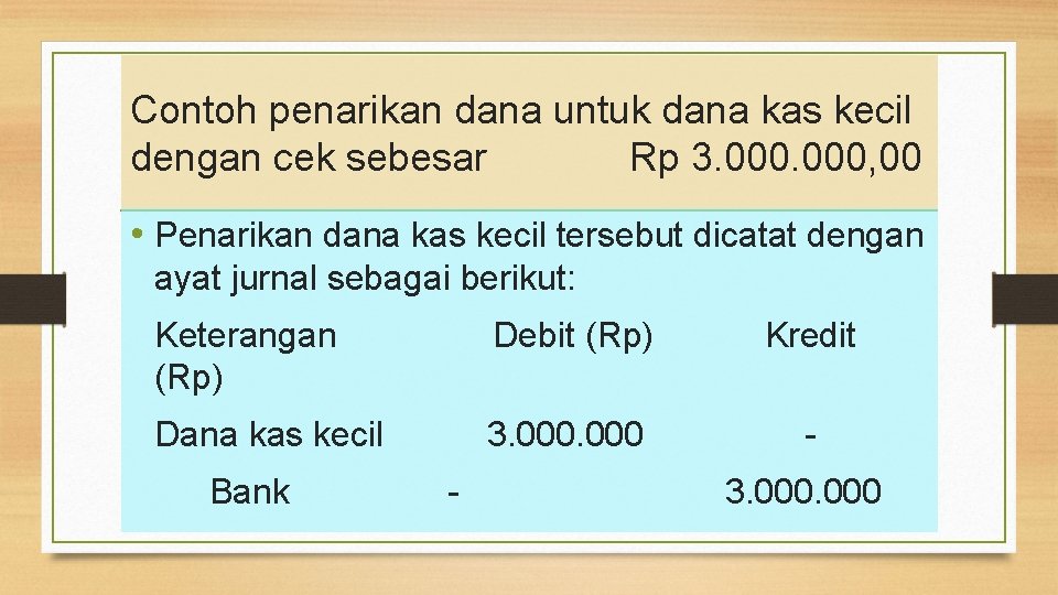 Contoh penarikan dana untuk dana kas kecil dengan cek sebesar Rp 3. 000, 00