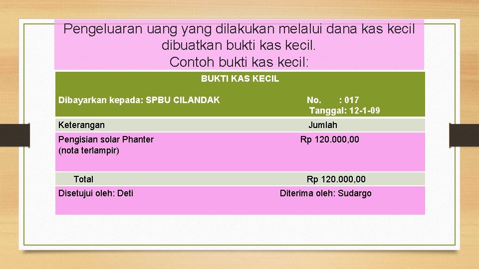 Pengeluaran uang yang dilakukan melalui dana kas kecil dibuatkan bukti kas kecil. Contoh bukti