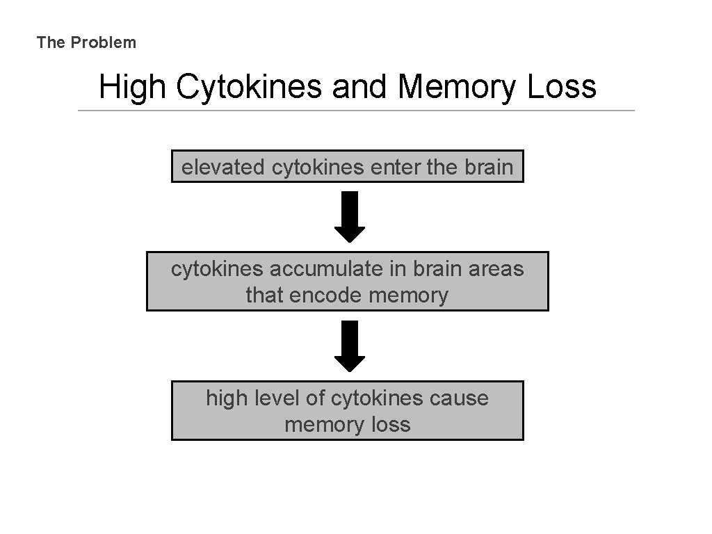 The Problem High Cytokines and Memory Loss elevated cytokines enter the brain cytokines accumulate