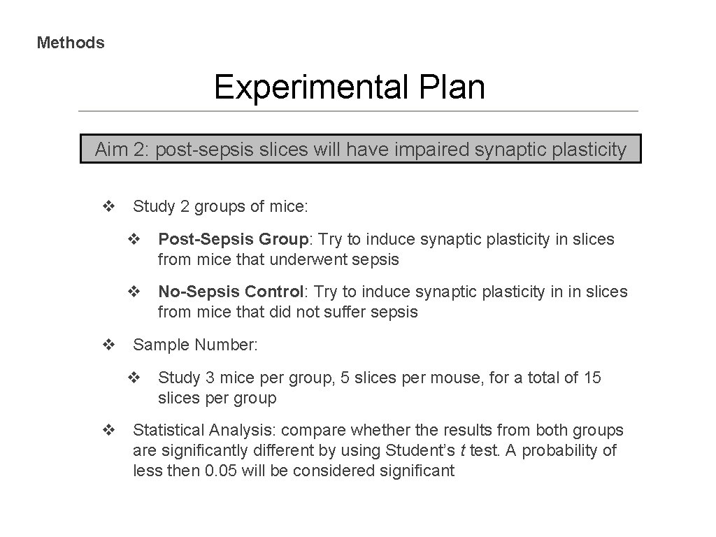 Methods Experimental Plan Aim 2: post-sepsis slices will have impaired synaptic plasticity v Study