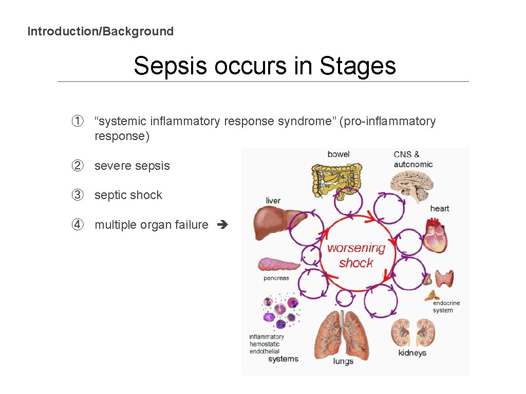 Introduction/Background Sepsis occurs in Stages ① “systemic inflammatory response syndrome” (pro-inflammatory response) ② severe