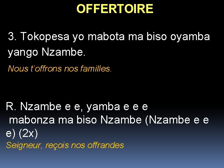 OFFERTOIRE 3. Tokopesa yo mabota ma biso oyamba yango Nzambe. Nous t’offrons nos familles.
