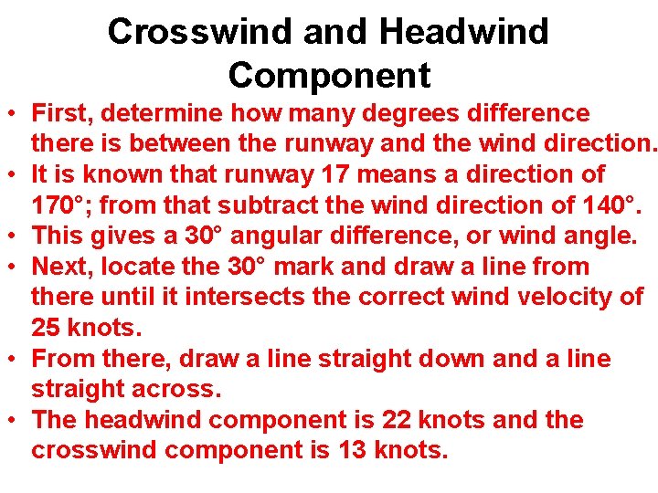 Crosswind and Headwind Component • First, determine how many degrees difference there is between