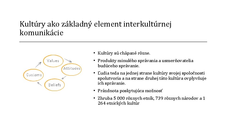 Kultúry ako základný element interkultúrnej komunikácie • Kultúry sú chápané rôzne. • Produkty minulého