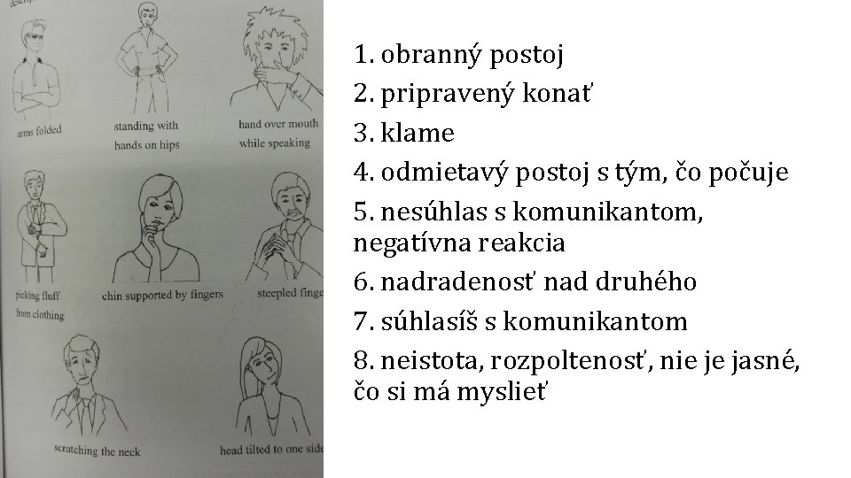 1. obranný postoj 2. pripravený konať 3. klame 4. odmietavý postoj s tým, čo