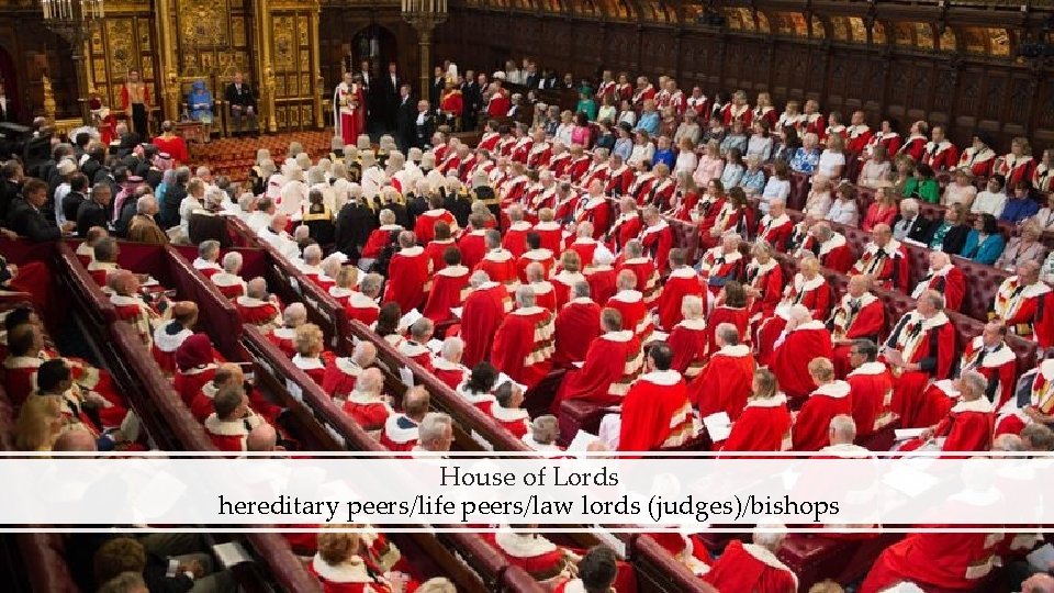 House of Lords hereditary peers/life peers/law lords (judges)/bishops 