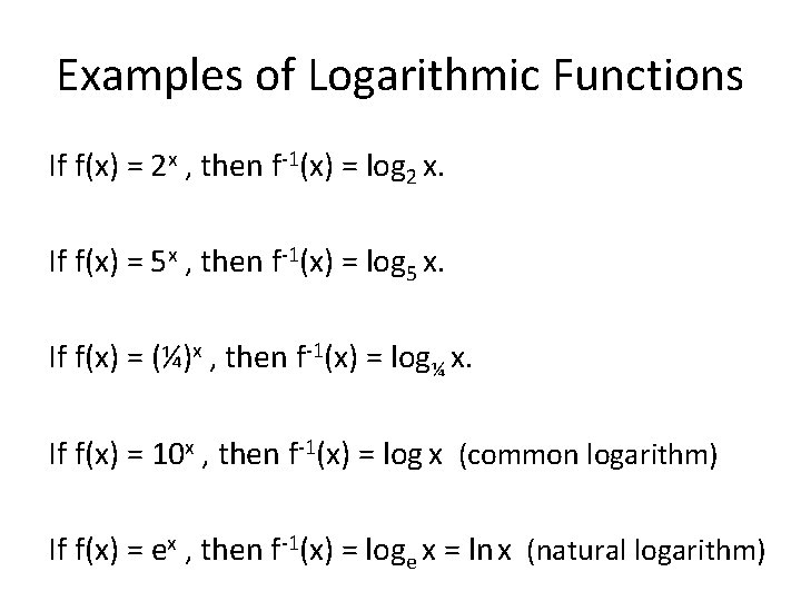 Examples of Logarithmic Functions If f(x) = 2 x , then f-1(x) = log