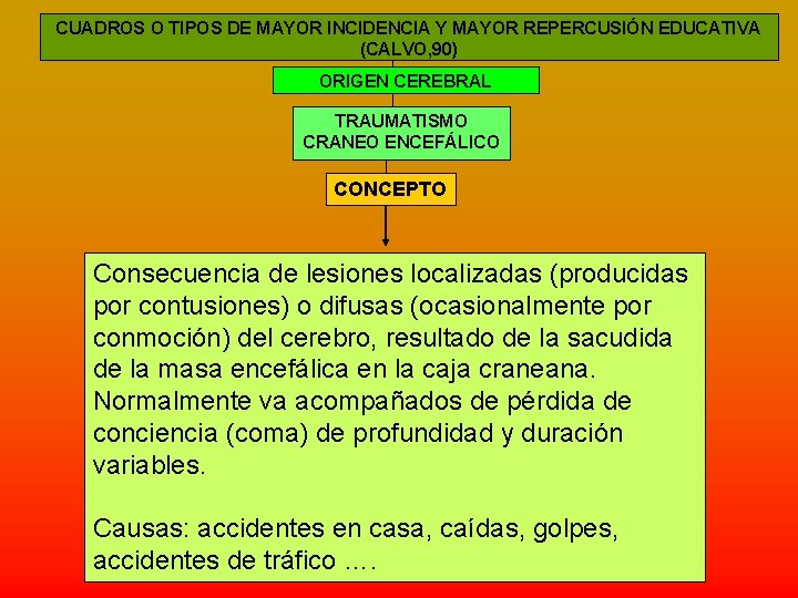 CUADROS O TIPOS DE MAYOR INCIDENCIA Y MAYOR REPERCUSIÓN EDUCATIVA (CALVO, 90) ORIGEN CEREBRAL