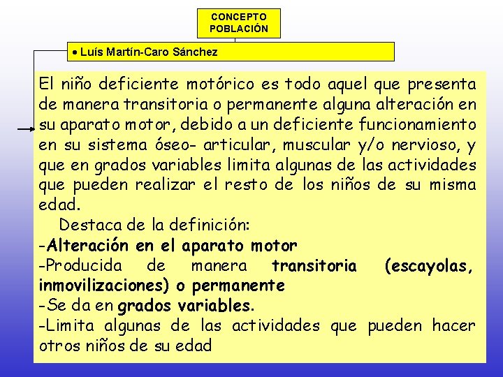 CONCEPTO POBLACIÓN · Luís Martín-Caro Sánchez El niño deficiente motórico es todo aquel que