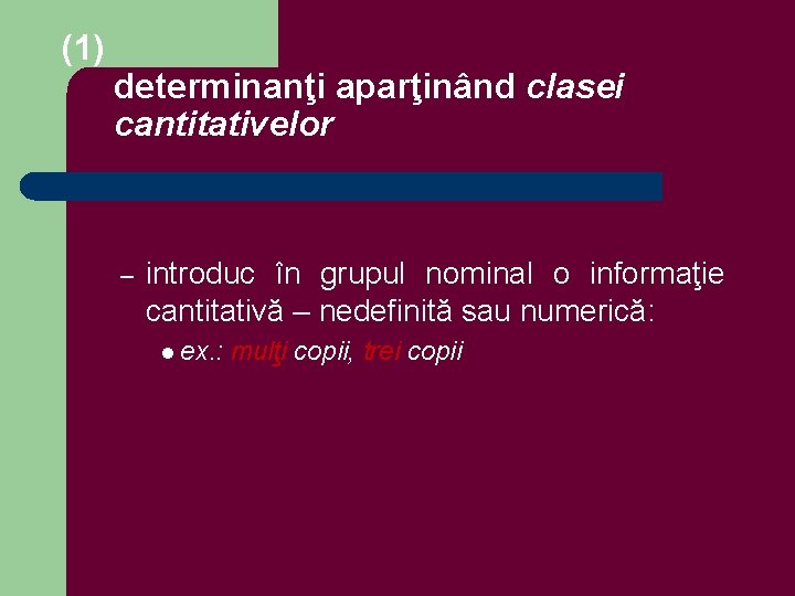 (1) determinanţi aparţinând clasei cantitativelor – introduc în grupul nominal o informaţie cantitativă –