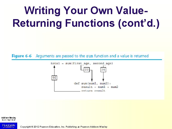Writing Your Own Value. Returning Functions (cont’d. ) Copyright © 2012 Pearson Education, Inc.