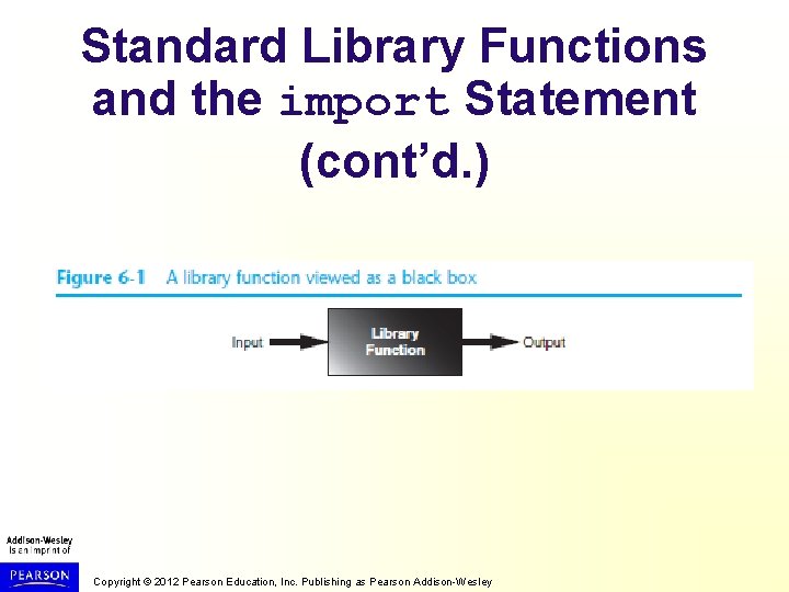 Standard Library Functions and the import Statement (cont’d. ) Copyright © 2012 Pearson Education,