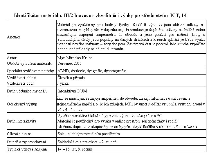 Identifikátor materiálu: III/2 Inovace a zkvalitnění výuky prostřednictvím ICT, 14 Anotace Materiál je využitelný